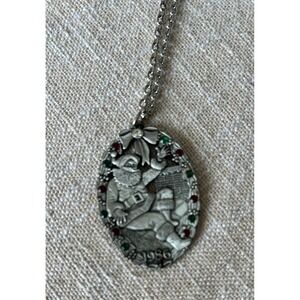 1986 Fort Pewter Santa Claus Christmas Pendant Necklace Red Green Rhinestone